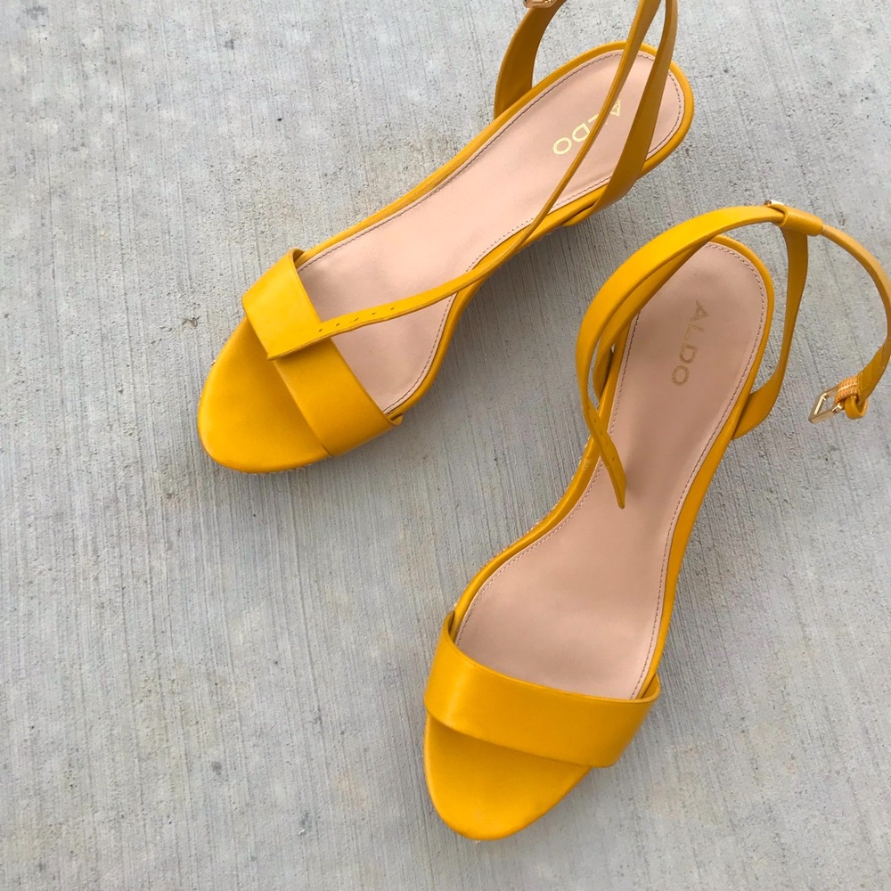 ALDO yellow wedge sandals ankle strap